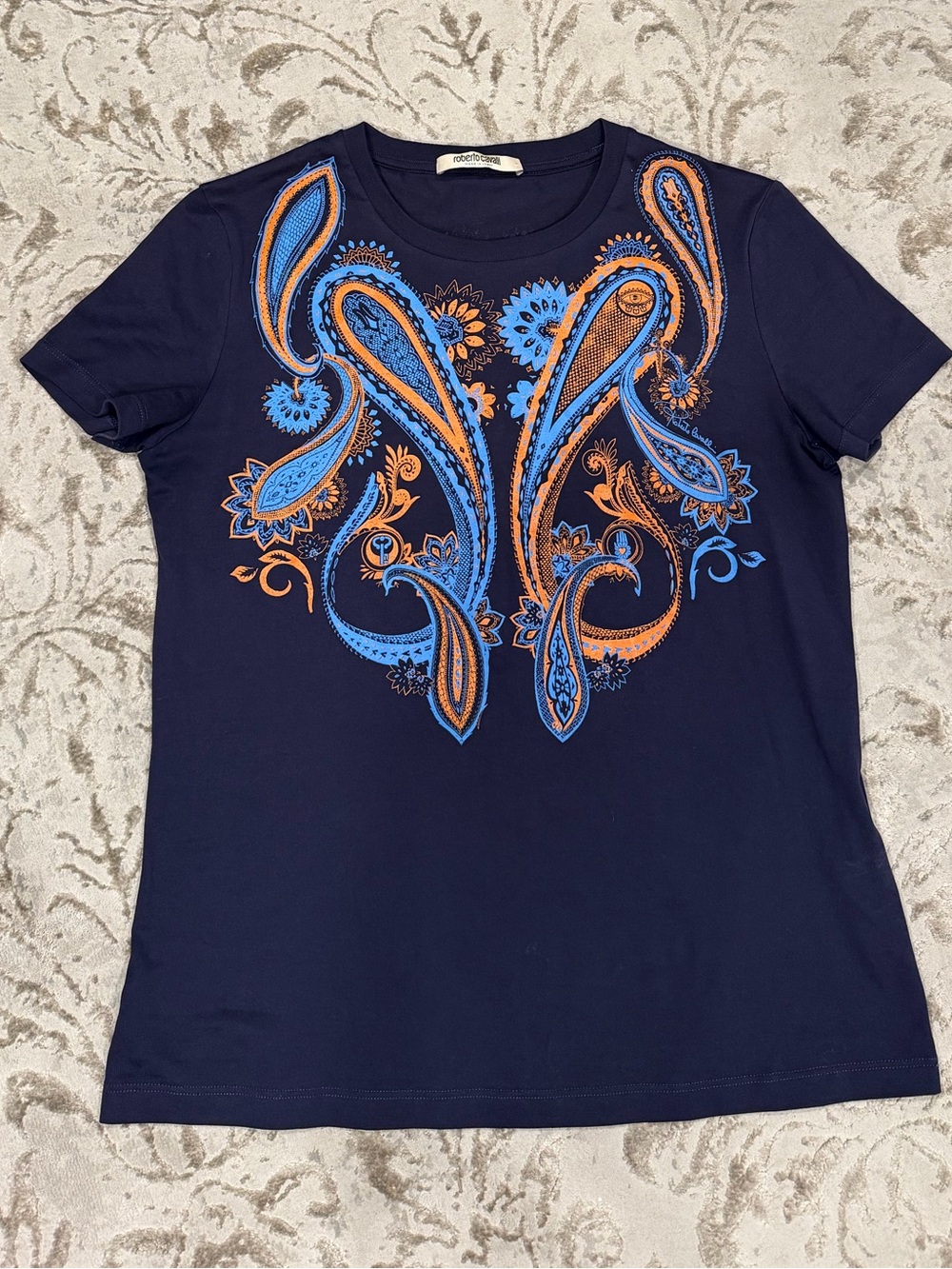 Roberto Cavalli Navy Tee with Blue & Orange Mandala Motif